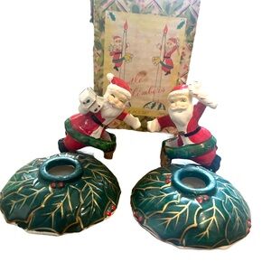 VTG 50s Christmas Japan Ceramic Santa Claus Candle Climber & Holder Set In Box